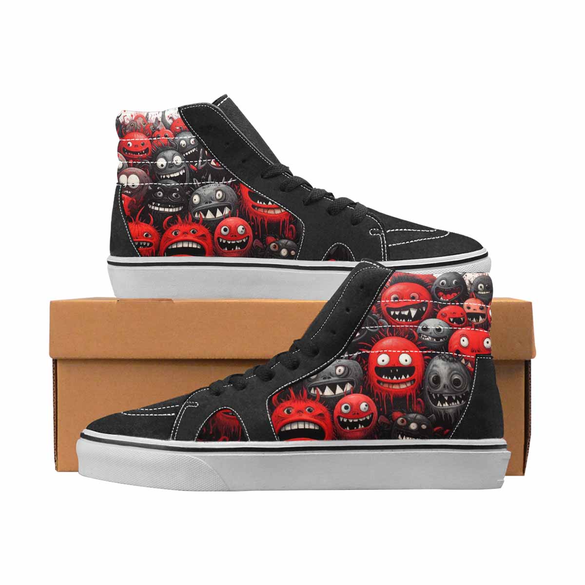 WOMEN'S Monsters Black & Red Ink High Top Canvas Custom Design Grunge Handmade Custom Shoes