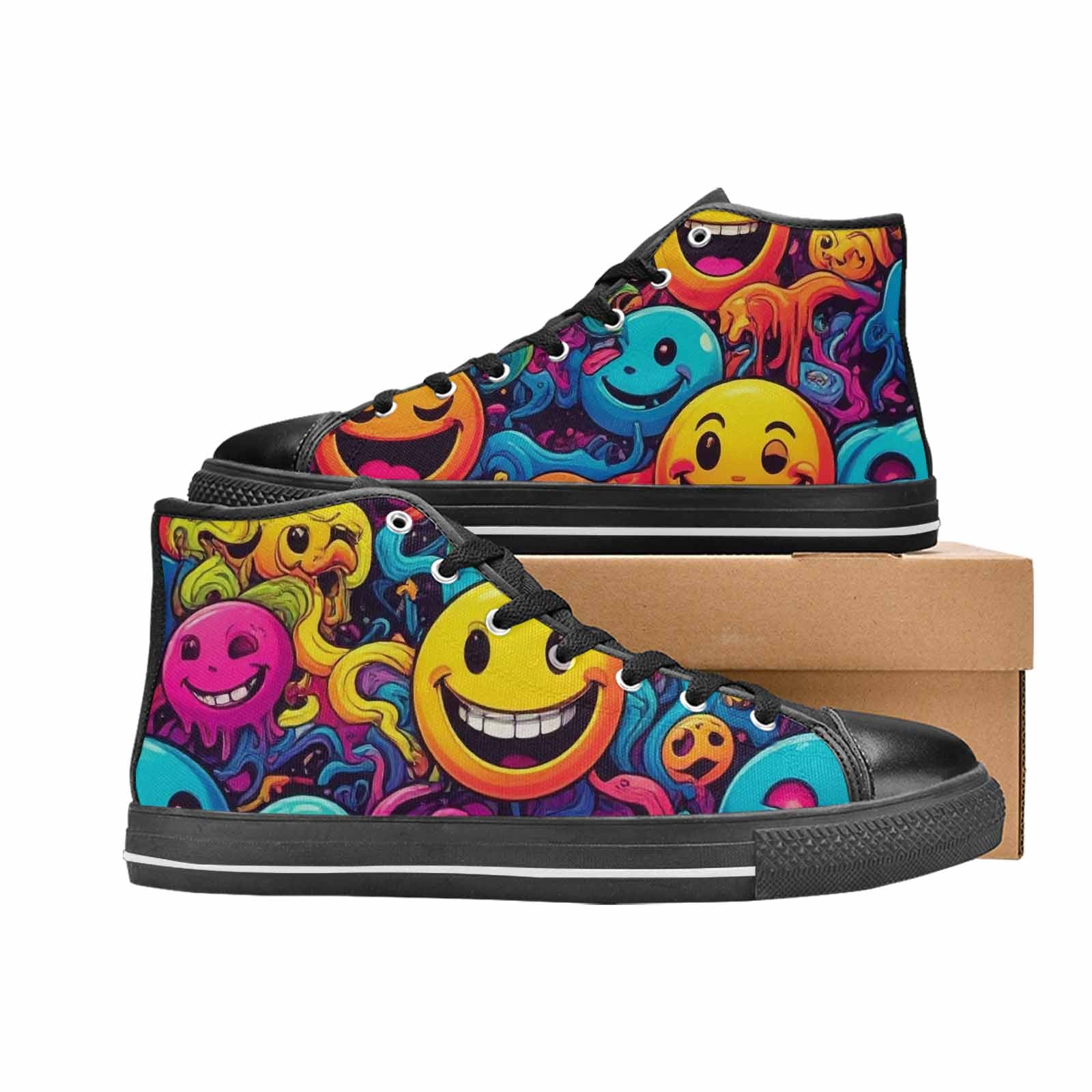 MEN'S Yellow Smiley Face High Top Canvas Neon Fantasy Custom Shoes