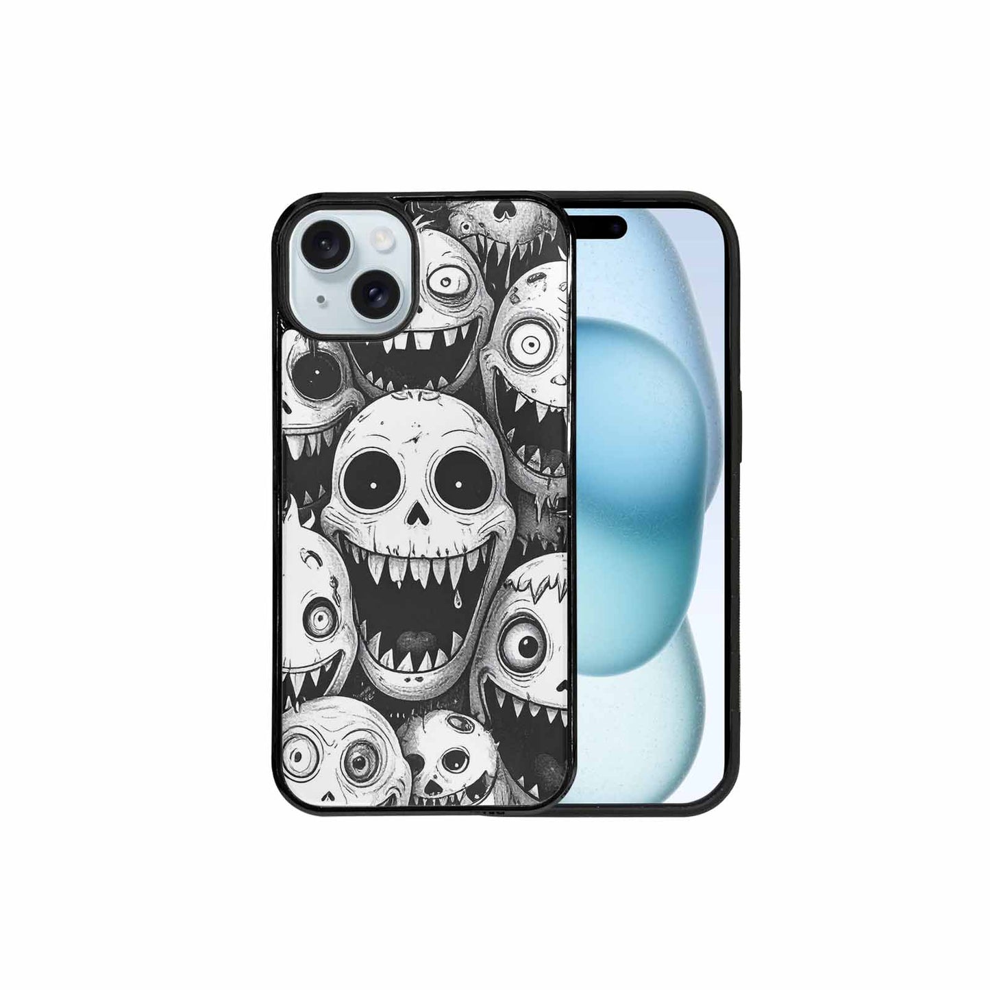 iPhone 15 Plus Case — Black And White Monster Face Collage, Custom Designed Case Cover