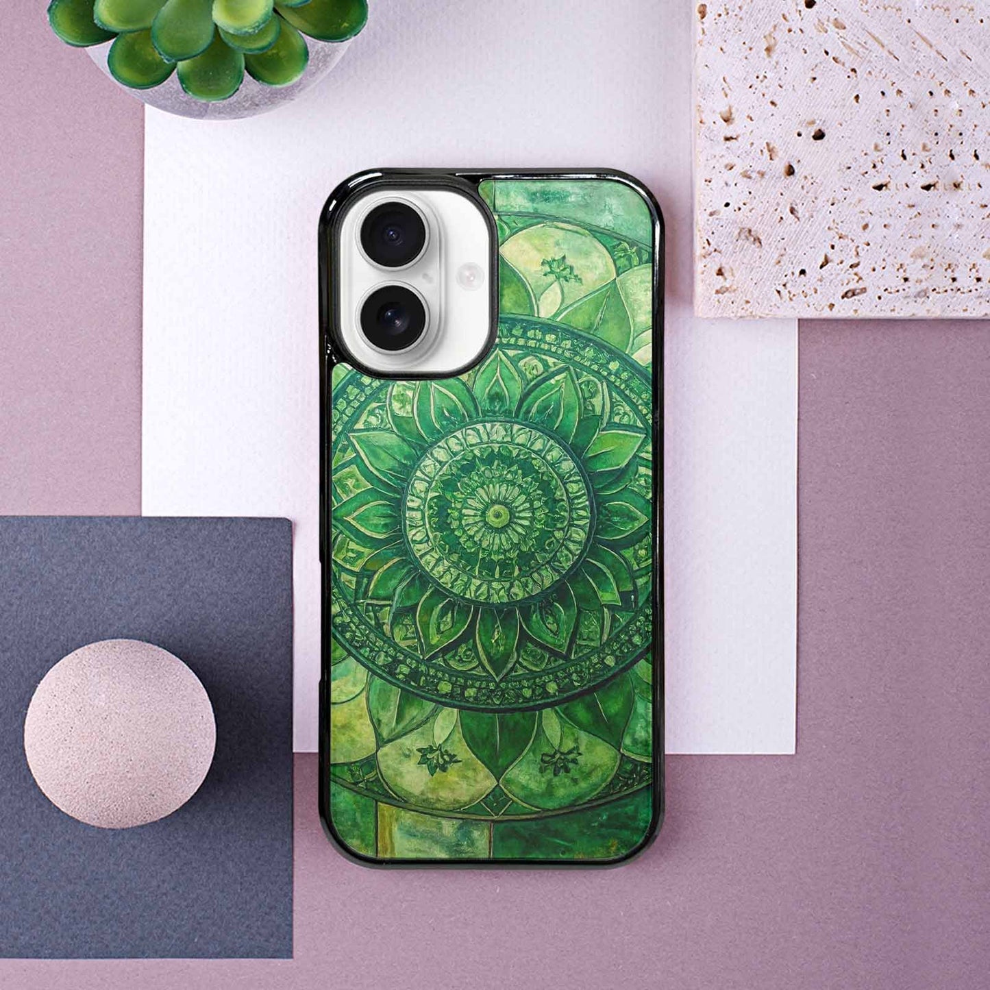 iPhone 16 Case — Green Mandala Bohemian Print Edge To, Unique Phone Case Design