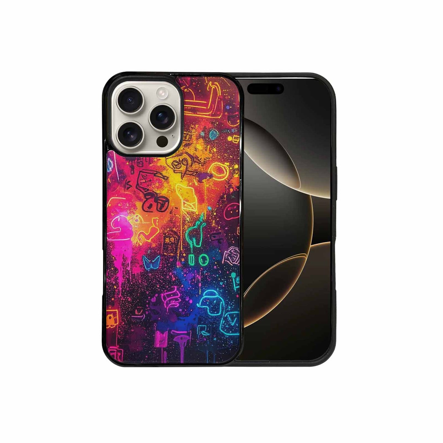 iPhone 16 Pro Max Case — Neon Glow Outline Icon Pattern Hundreds, Custom Print Case Cover