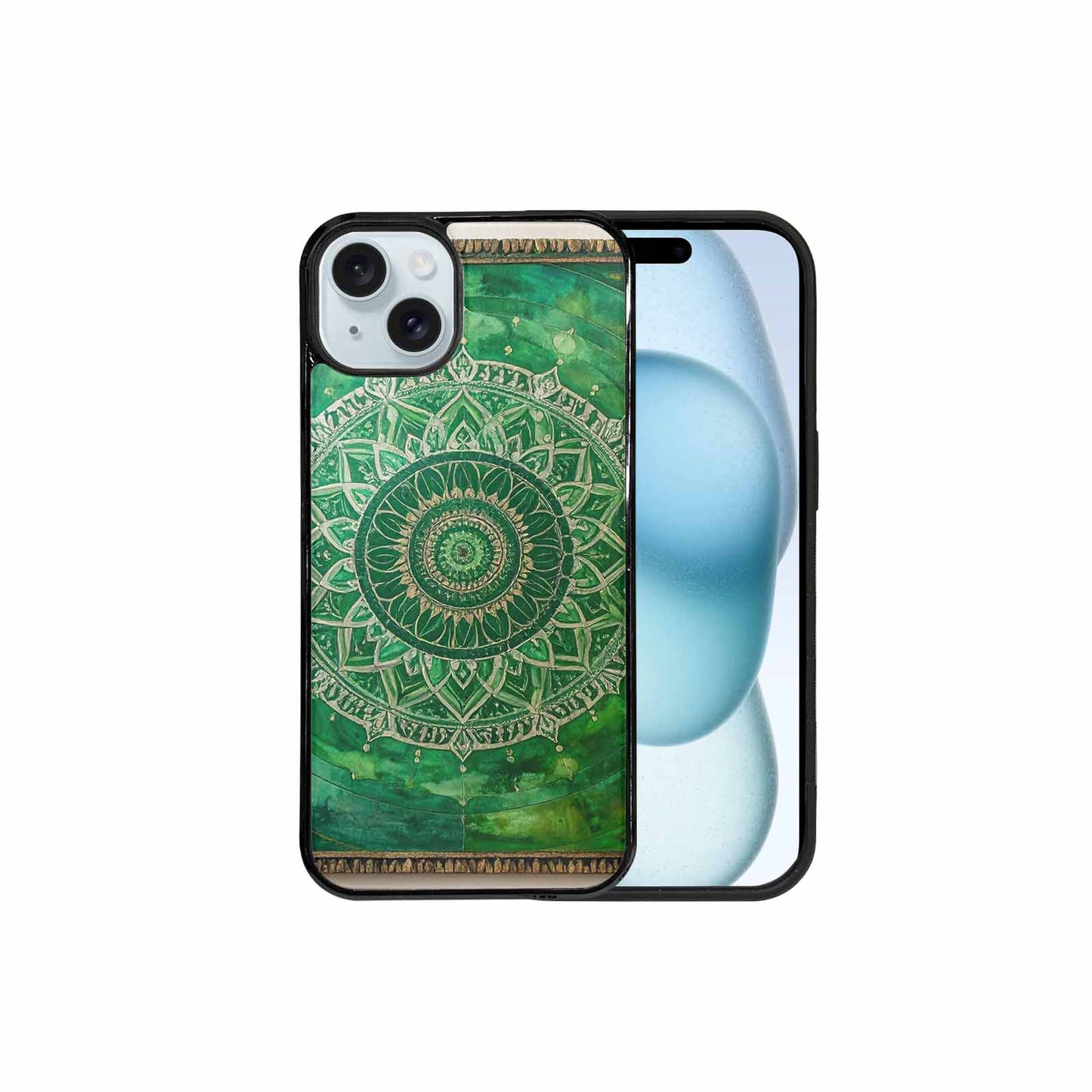 iPhone 15 Plus Case — Green Mandala Bohemian Print Edge To, Custom Made Phone Cover