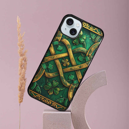iPhone 15 Plus Case — Irish Celtic Knot Pattern Shamrocks Seamless, Custom Print Case Cover