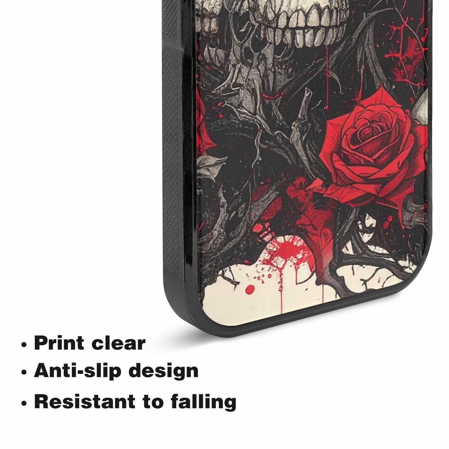 iPhone 15 Case — Skull And Roses Black Red Ink, Custom Made Phone Cover