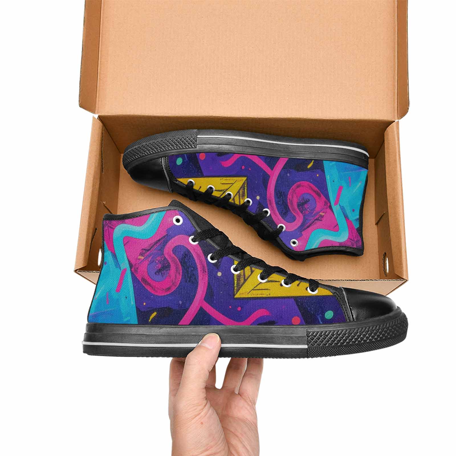 WOMEN'S Memphis Squiggles Triangles Dots High Top Canvas Wallpaper Art Custom Sneakers