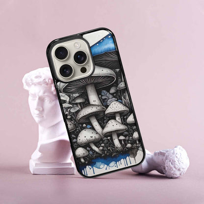 iPhone 16 Pro Case — Mushrooms General Black Blue Ink Mushrooms, Custom Print Case Cover