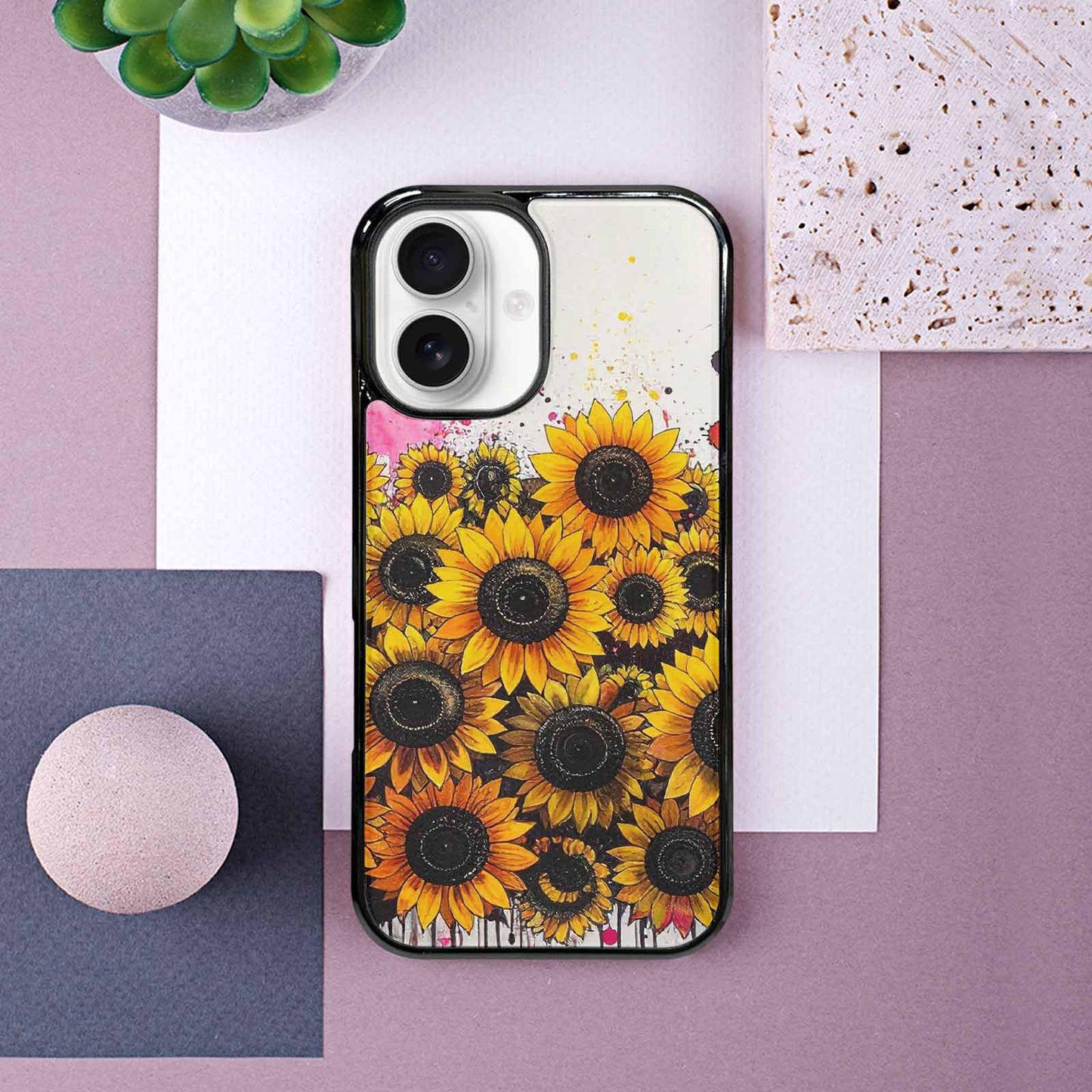 iPhone 16 Case — Sunflower Burst Black Pink Ink Sunflowers, Custom Made Phone Cover