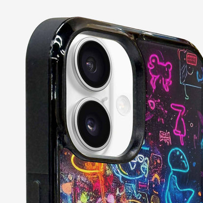 iPhone 16 Case — Neon Glow Outline Icon Pattern Hundreds, Personalized Phone Case