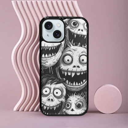 iPhone 15 Case — Black And White Monster Face Collage, Custom Phone Case