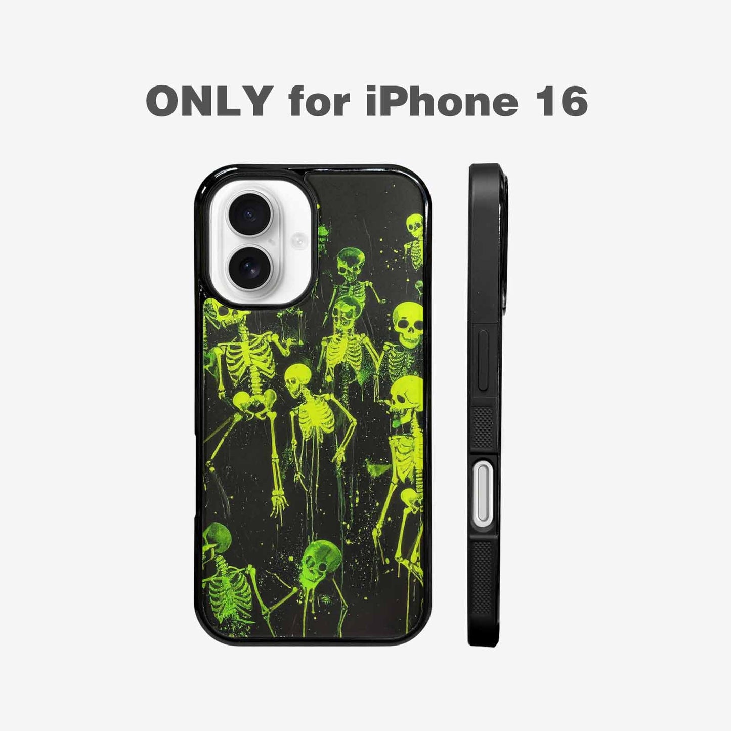 iPhone 16 Case — Skeletons Neon Green Glow Skeletons Pattern, Custom Phone Case