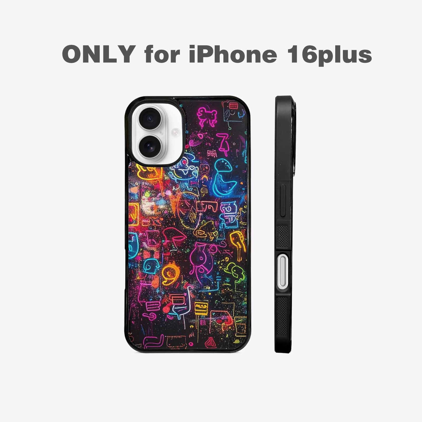 iPhone 16 Plus Case — Neon Glow Outline Icon Pattern Hundreds, Custom Phone Case