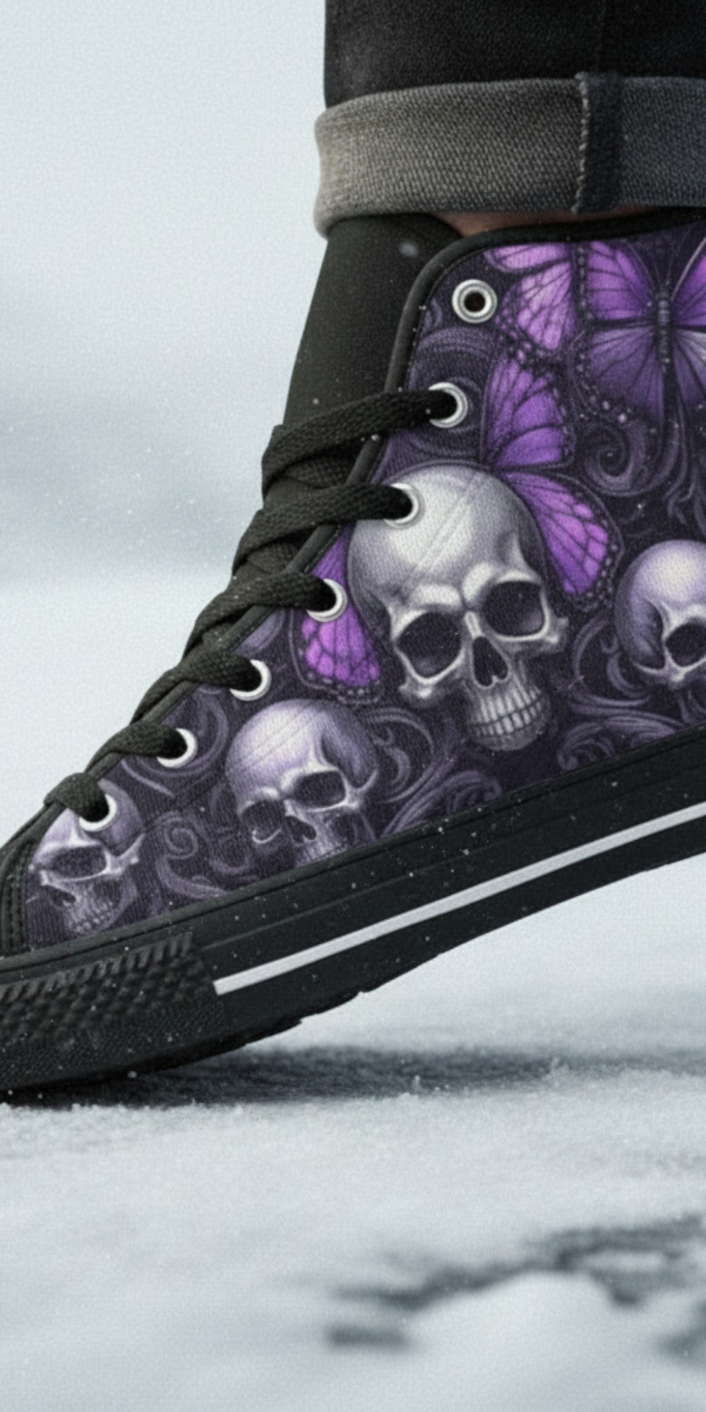 Gothic Purple Butterfly Skull Art | Men's High Top Canvas | Freaky Shoes®
