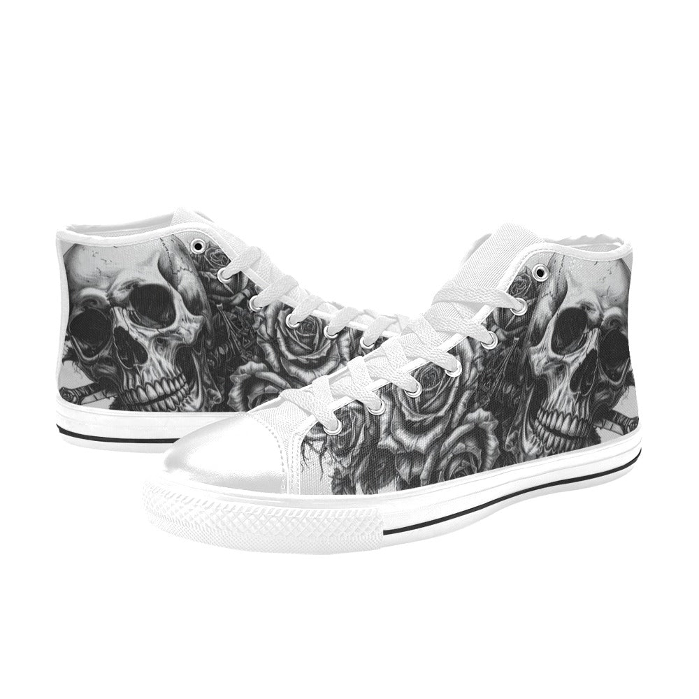 Grey Monochrome Skull Women's Gothic High Top Canvas Shoes | Freaky Shoes®