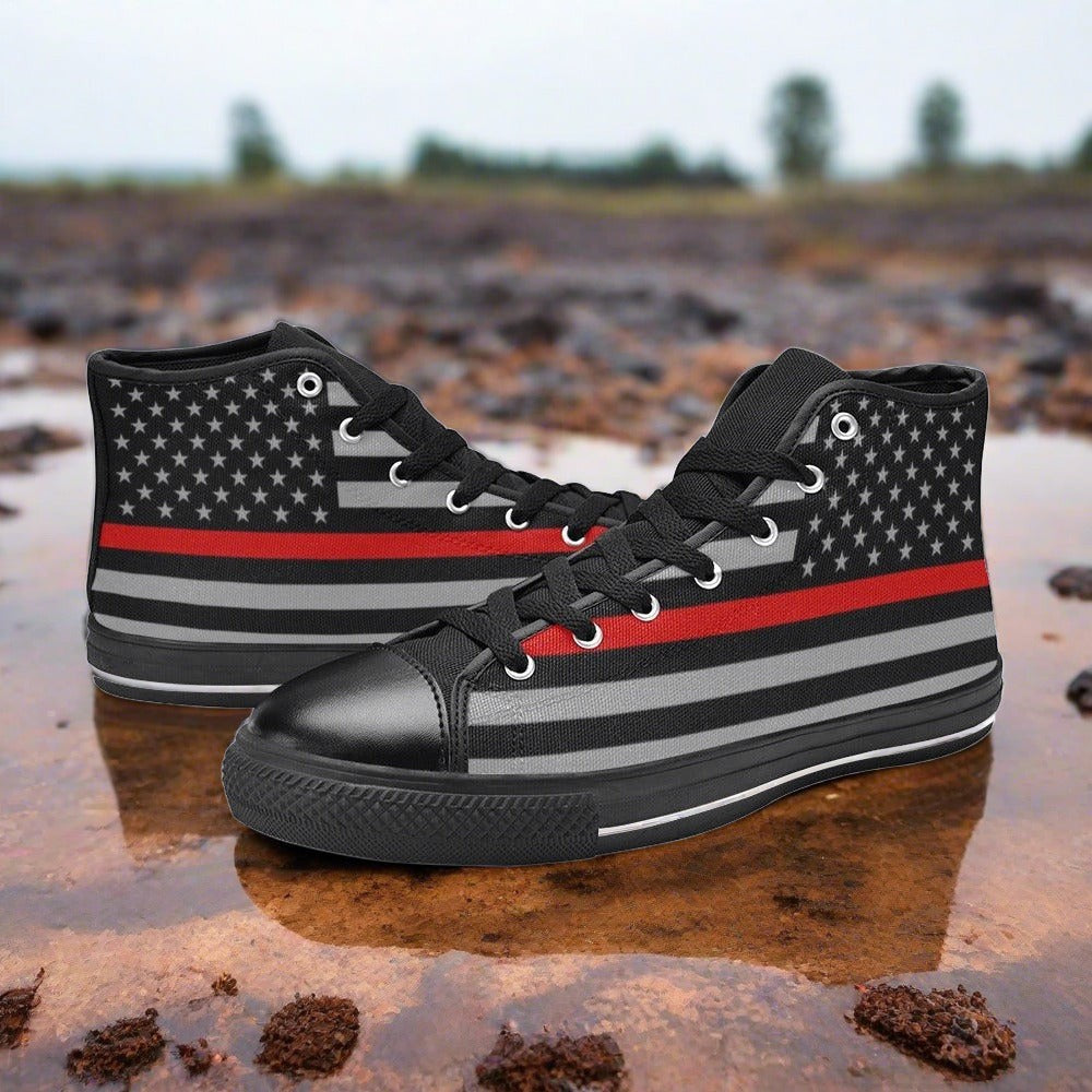 Men's Thin Red Line Flag Themed custom high-top canvas shoes — wearable art by Freaky Shoes