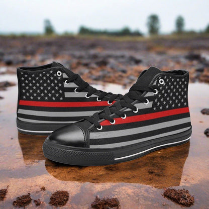 Men's Thin Red Line Flag Themed custom high-top canvas shoes — wearable art by Freaky Shoes