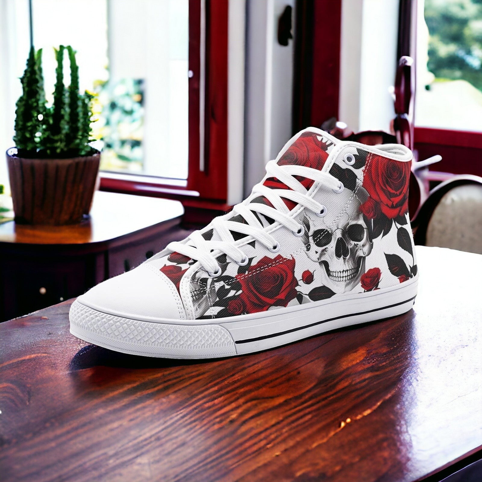 Skulls Roses Deluxe custom high-top canvas shoes — wearable art by Freaky Shoes