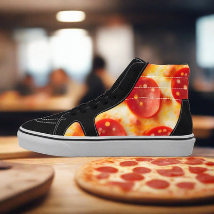 Custom Men's Pepperoni Pizza Cheese Closeup high-top canvas shoes with bold all-over art — Freaky Shoes