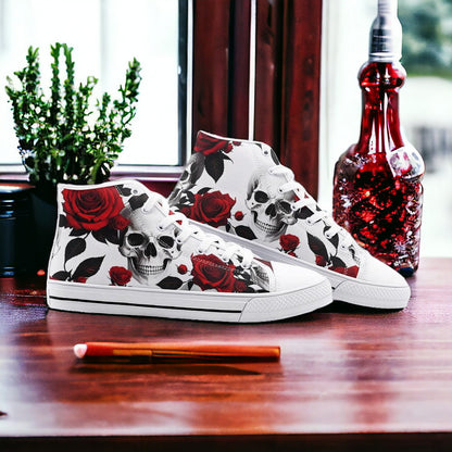 Skulls Roses Deluxe high-top canvas shoes, custom full-wrap printed design — Freaky Shoes