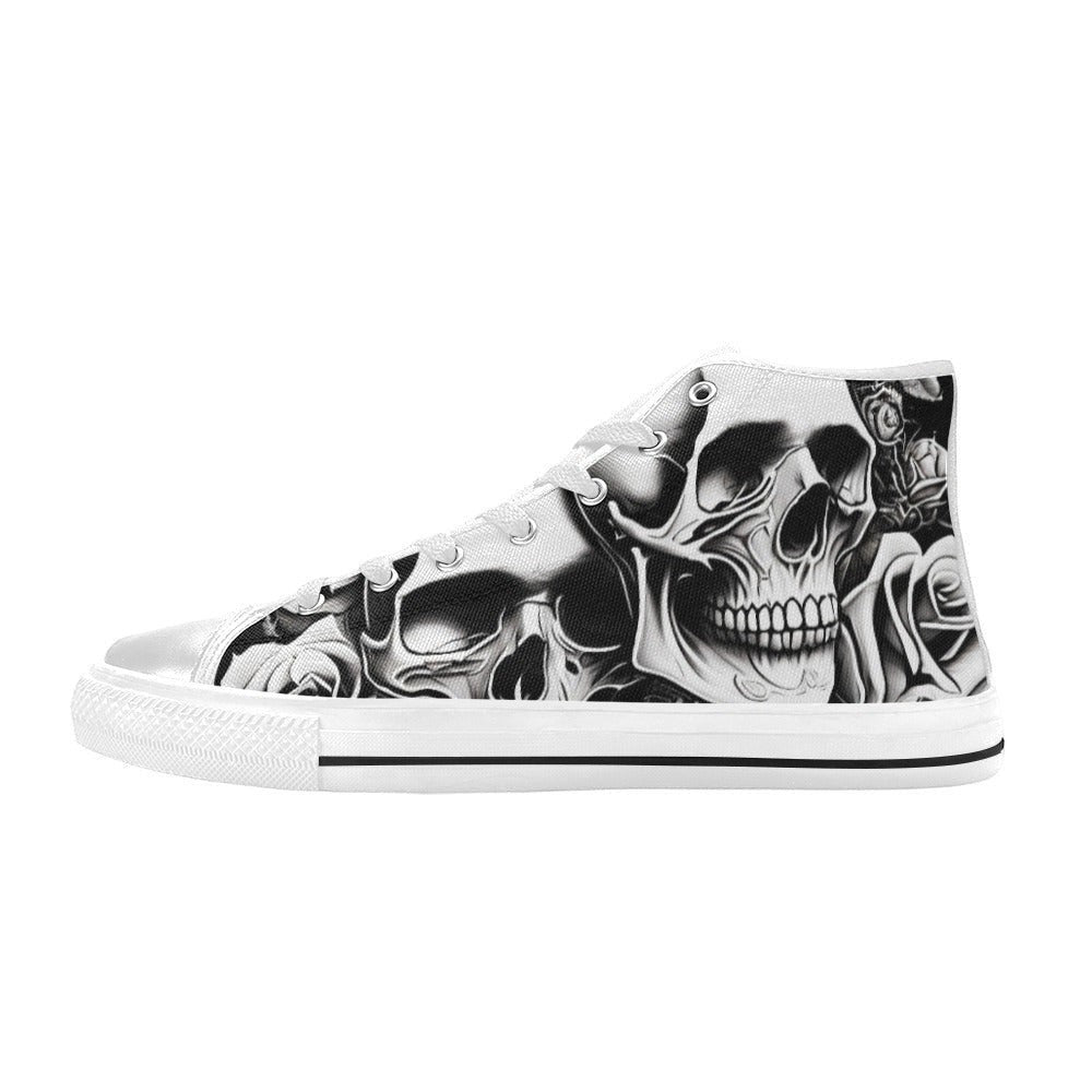 Freaky Shoes custom art sneakers with black and white skull art and roses, made to order