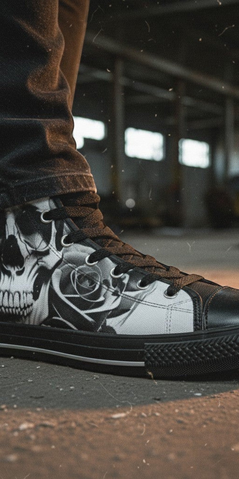 Men's Cartoon Skulls & Roses Black & White high-top canvas shoes, custom full-wrap printed design — Freaky Shoes