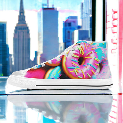 Men's Donut Art high-top canvas shoes, custom full-wrap printed design — Freaky Shoes