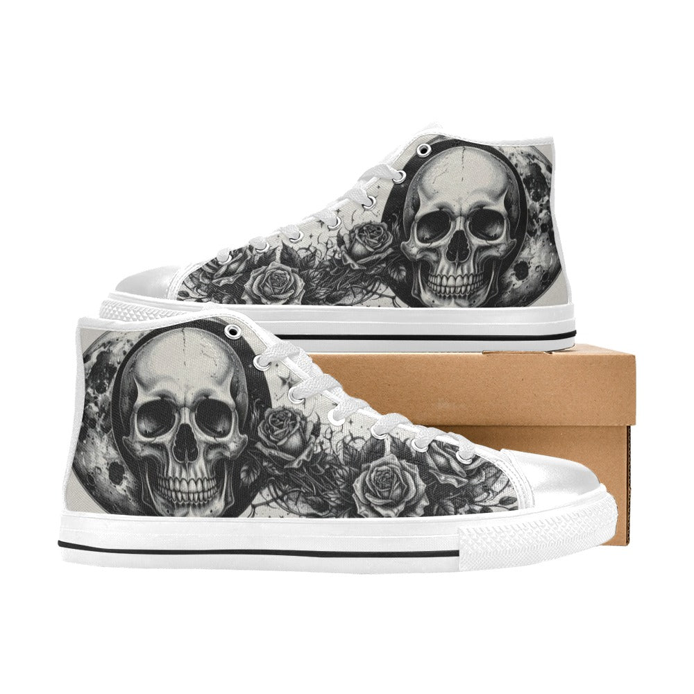 Grey Rose Monochrome Skull Women's Dark High Top Canvas Shoes | Freaky Shoes®