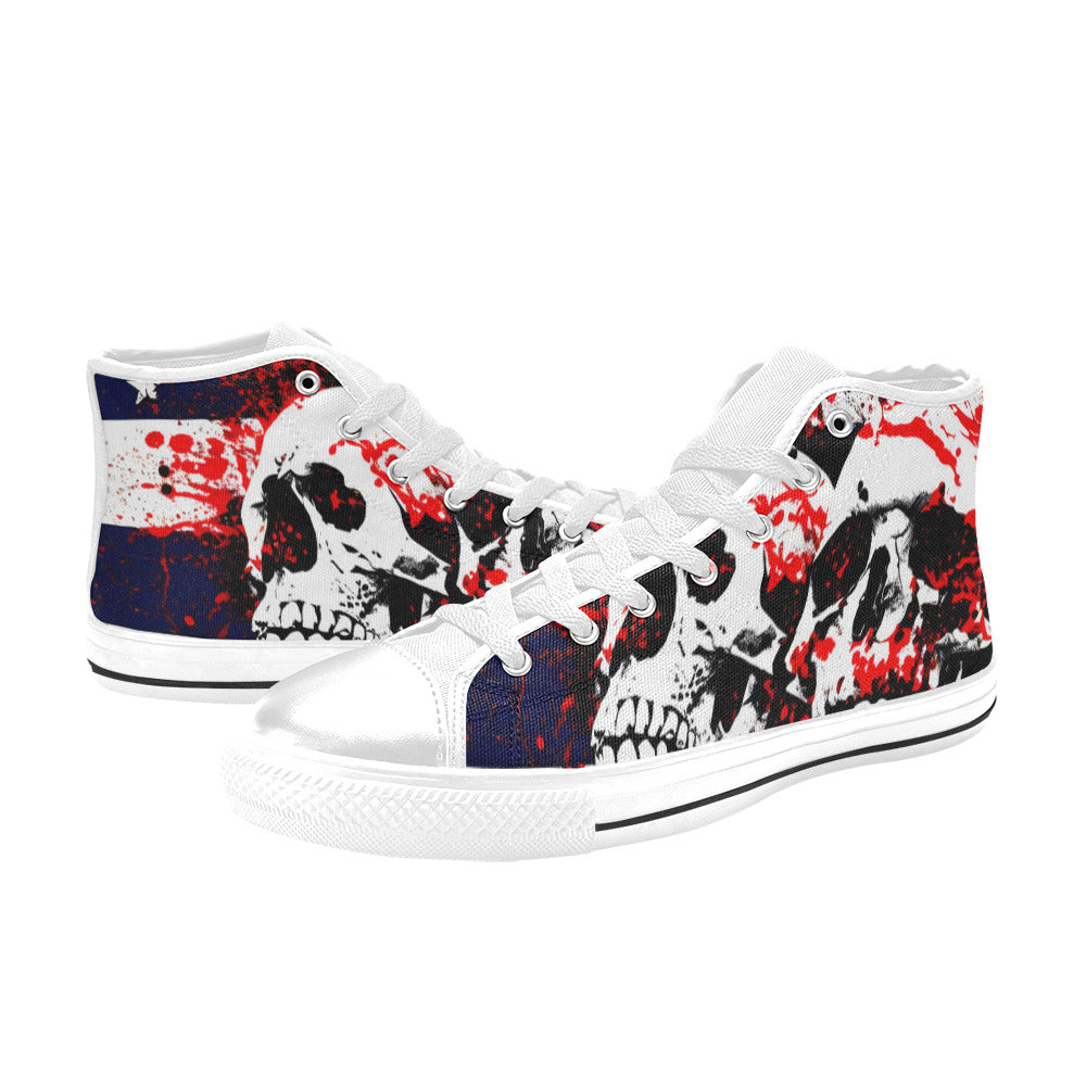WOMEN'S Patriotic Splatter Skulls High Top Canvas Vibrant Chaos Custom Sneakers