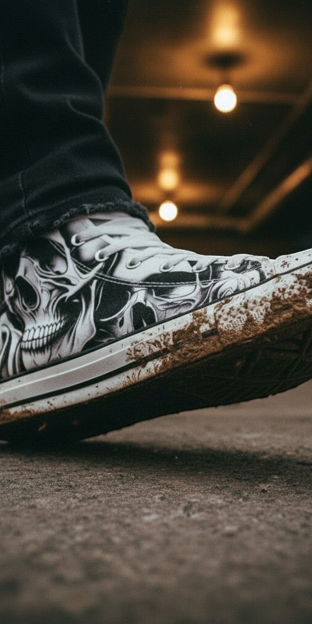 Men's Cartoon Skulls & Roses high-top canvas shoes — one-of-a-kind custom printed art, Freaky Shoes
