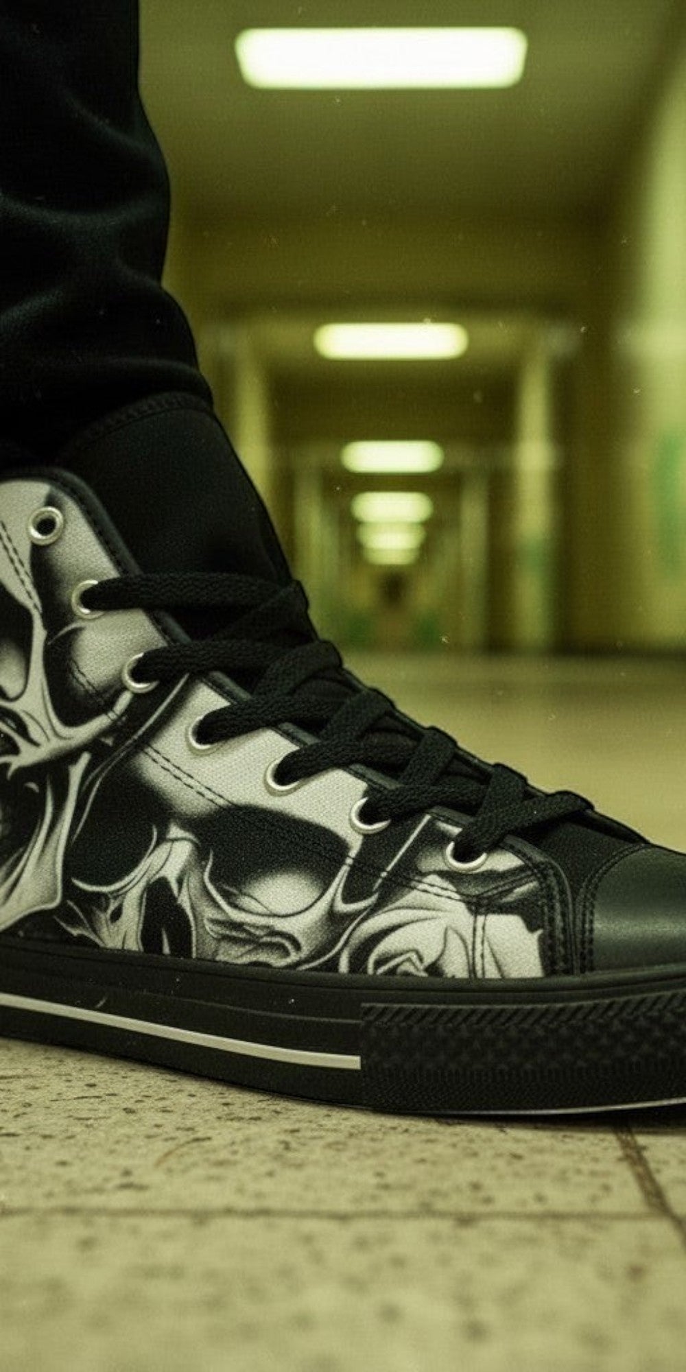 Men's Cartoon Skulls & Roses hand-made high-top canvas shoes — unique wearable art by Freaky Shoes