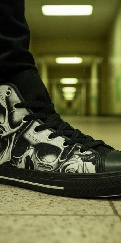 Men's Cartoon Skulls & Roses hand-made high-top canvas shoes — unique wearable art by Freaky Shoes