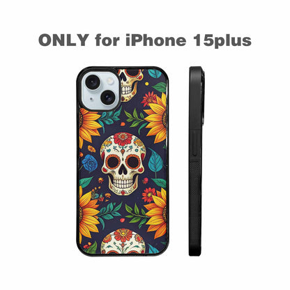 iPhone 15 Plus Case — Sunflowers Hundreds Of Skulls Art Seamless, Custom Made Phone Cover