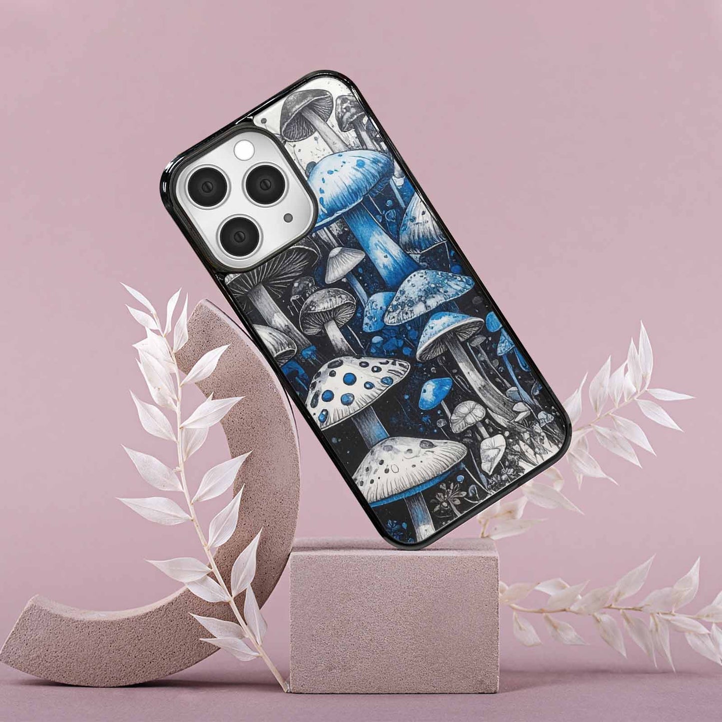 iPhone 15 Pro Max Case — Mushrooms General Black Blue Ink Mushrooms, Personalized Phone Case
