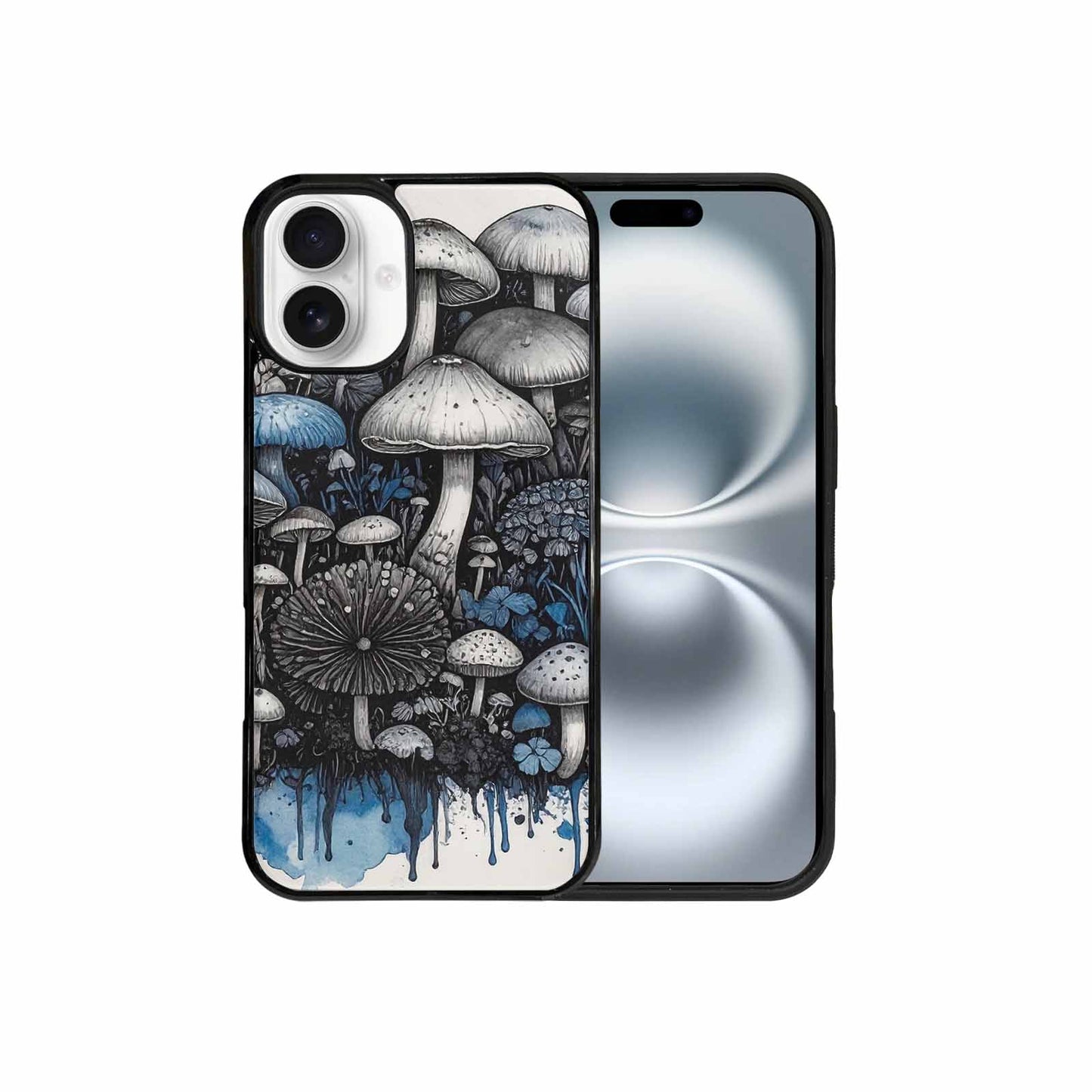 iPhone 16 Plus Case — Mushrooms General Black Blue Ink Mushrooms, Customized Protective Case