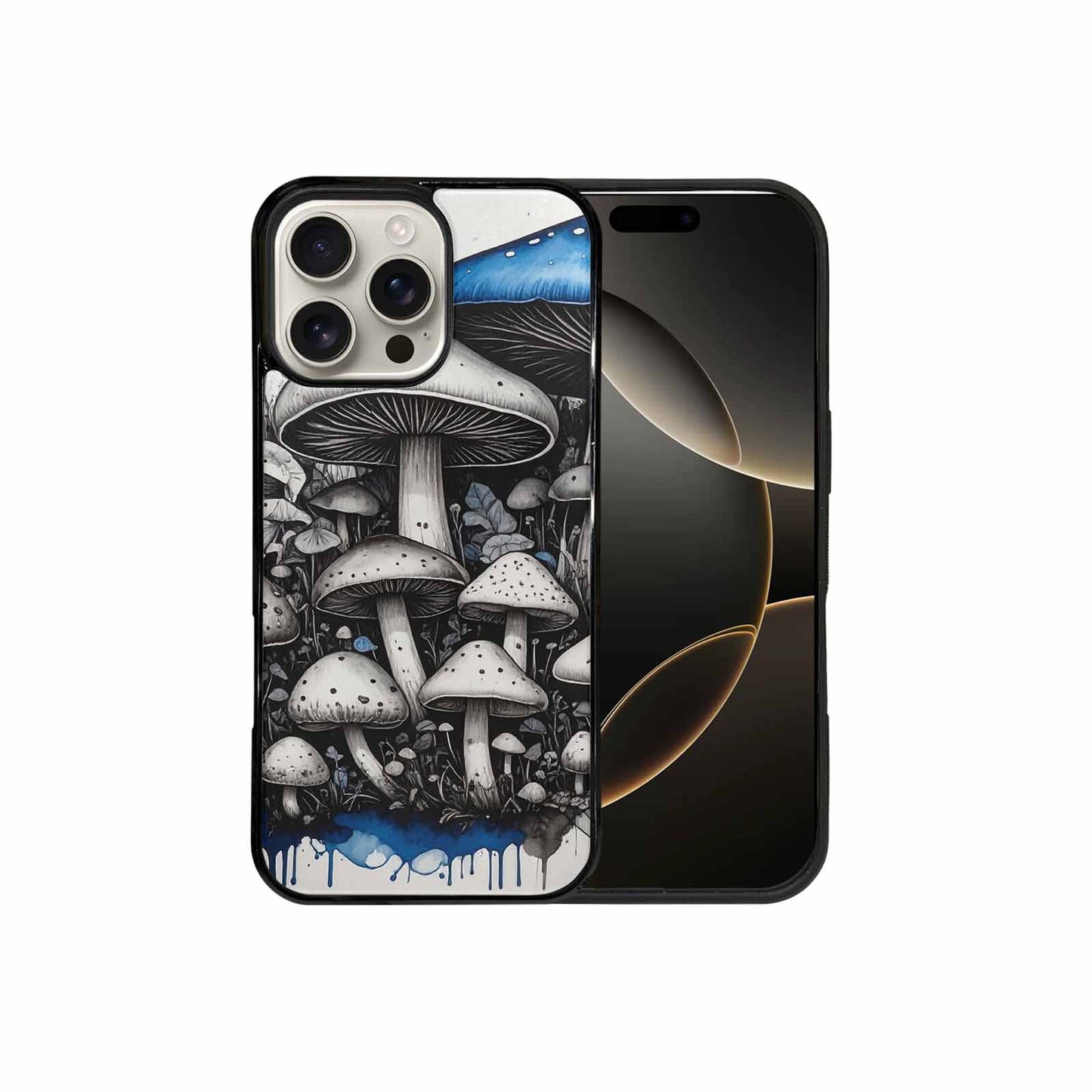 iPhone 16 Pro Max Case — Mushrooms General Black Blue Ink Mushrooms, Unique Phone Case Design