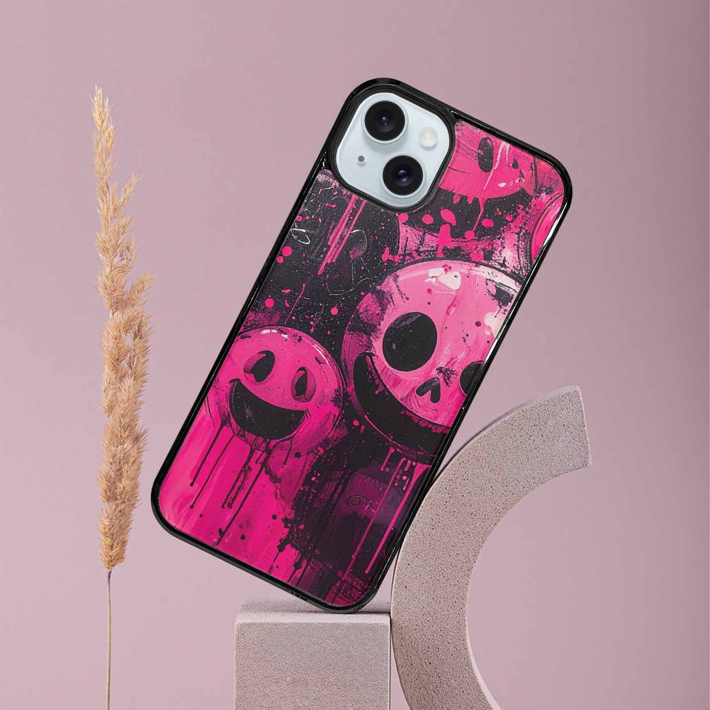 iPhone 15 Plus Case — Melting Moon Smiley Black Pink Ink, Custom Print Case Cover