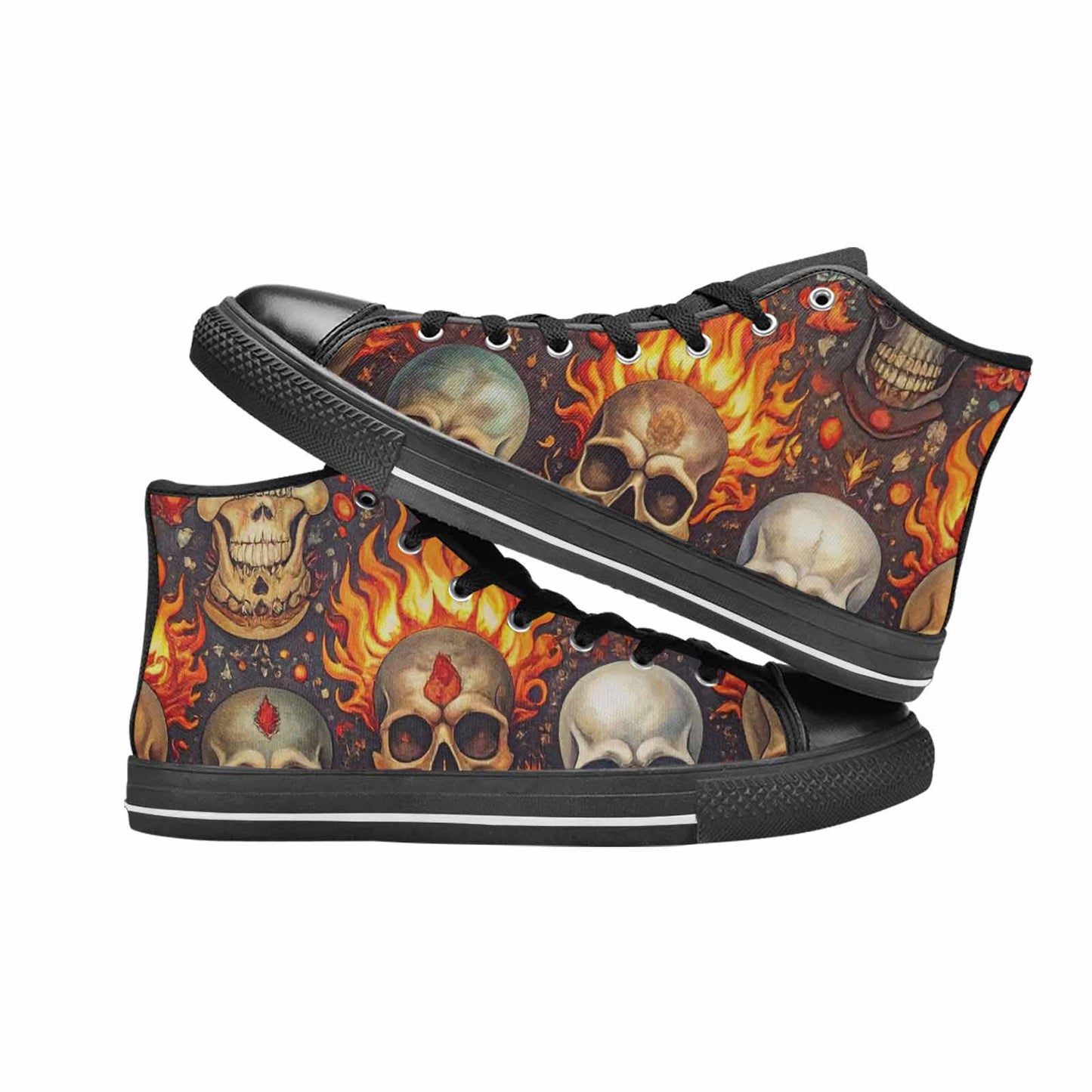 WOMEN'S Skulls - Flaming High Top Canvas Grunge Custom Sneakers