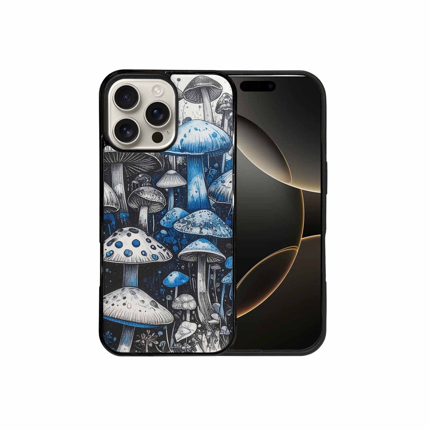 iPhone 16 Pro Max Case — Mushrooms General Black Blue Ink Mushrooms, Custom Art Phone Cover