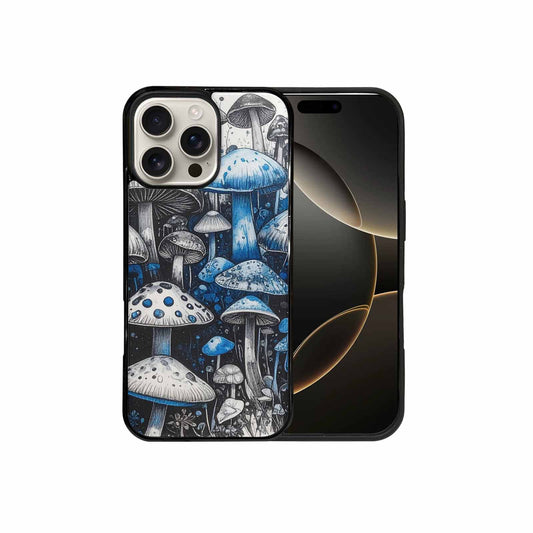 iPhone 16 Pro Max Case — Mushrooms General Black Blue Ink Mushrooms, Custom Art Phone Cover