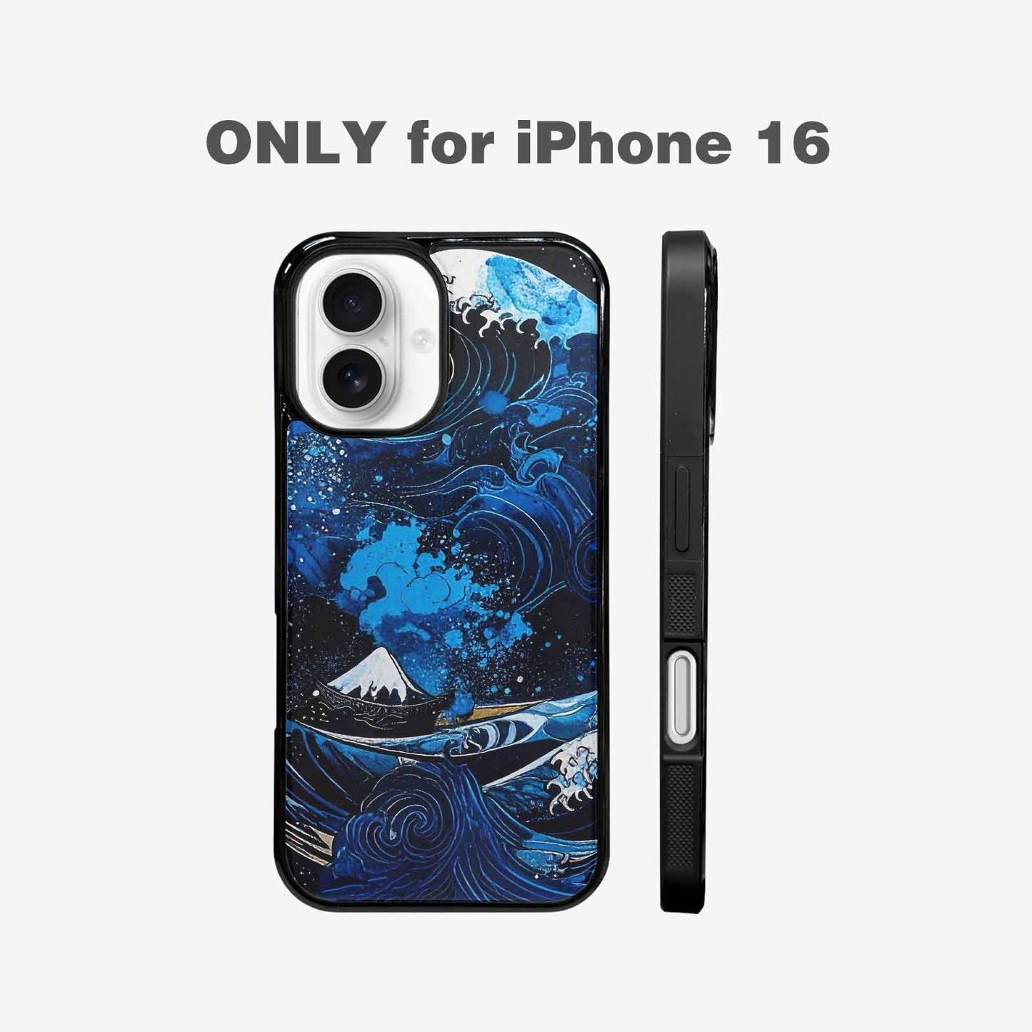 iPhone 16 Case — Nautical Wave Black Blue Ink Wave, Custom Phone Case
