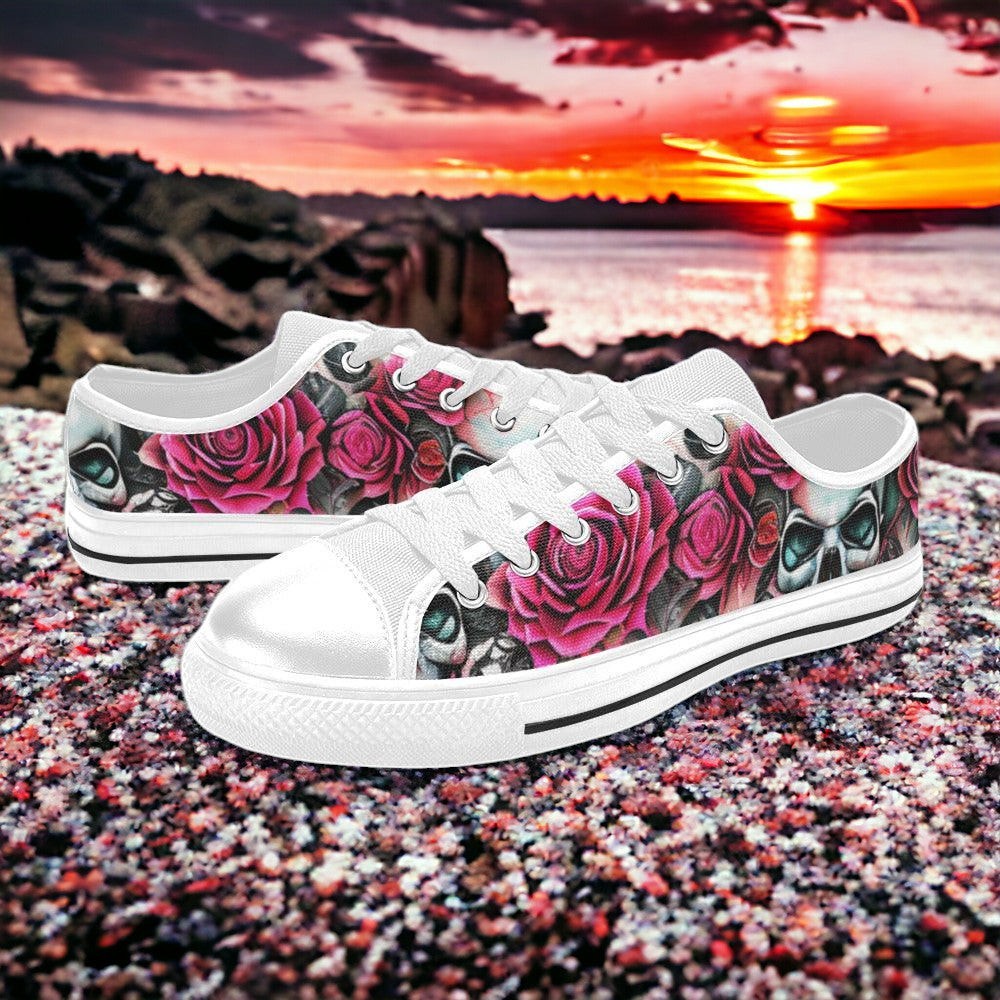 Men's Skulls Roses Deluxe hand-made high-top canvas shoes — unique wearable art by Freaky Shoes
