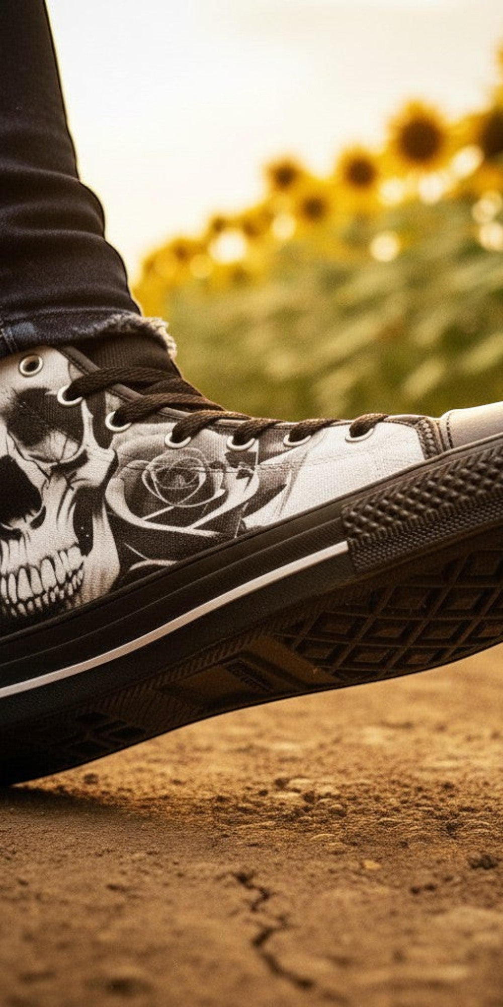 Men's Cartoon Skulls & Roses Black & White hand-made high-top canvas shoes — unique wearable art by Freaky Shoes