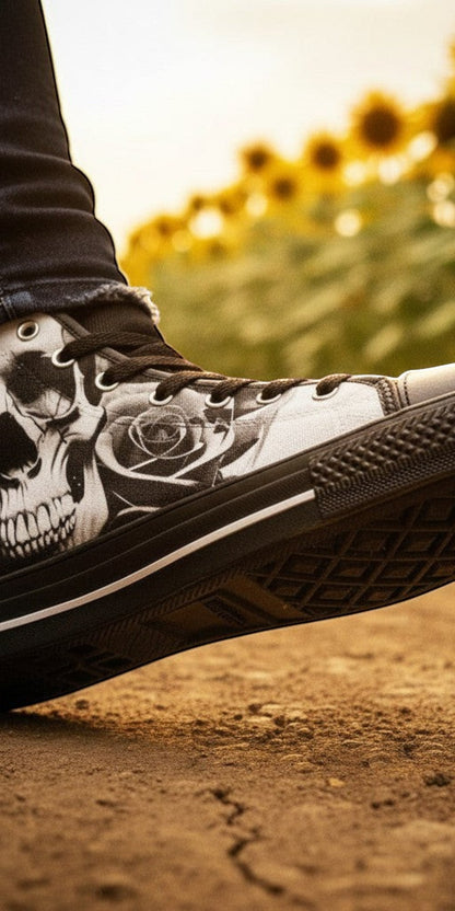 Men's Cartoon Skulls & Roses Black & White hand-made high-top canvas shoes — unique wearable art by Freaky Shoes