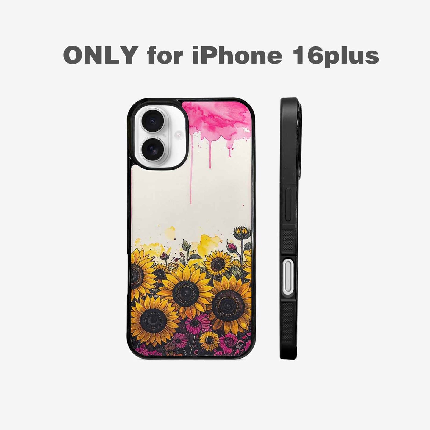 iPhone 16 Plus Case — Sunflower Burst Black Pink Ink Sunflowers, Custom Designed Case Cover