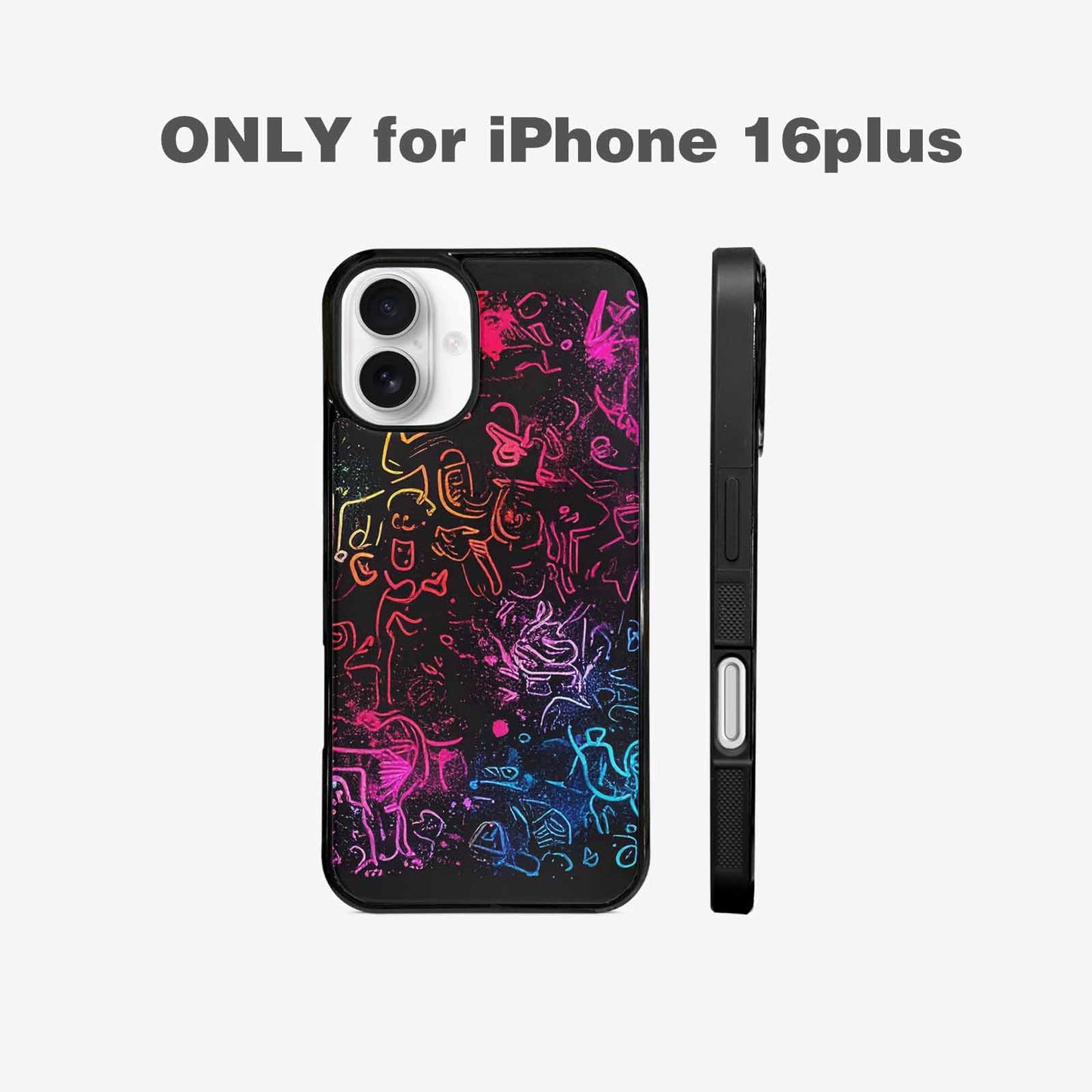 iPhone 16 Plus Case — Neon Glow Outline Icon Pattern Hundreds, Personalized Phone Case