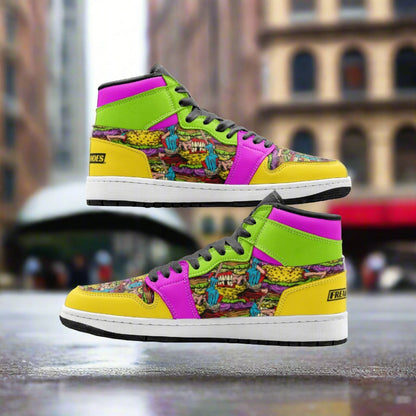Cheeseburger Monster Freestyle Art hand-made high-top canvas shoes — unique wearable art by Freaky Shoes
