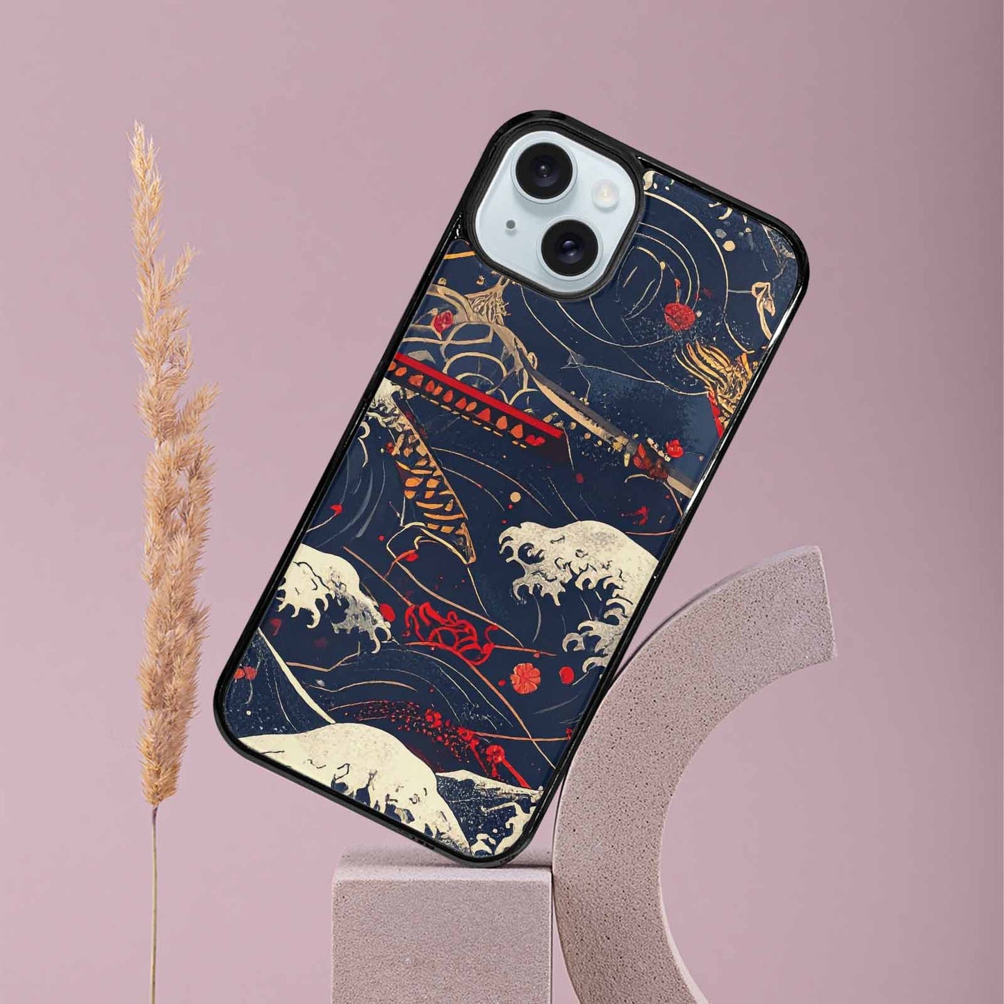 iPhone 15 Plus Case — Samurai Art Repeat Pattern, Custom Printed Phone Case