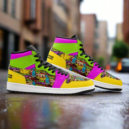 Custom Cheeseburger Monster Freestyle Art high-top canvas shoes with bold all-over art — Freaky Shoes