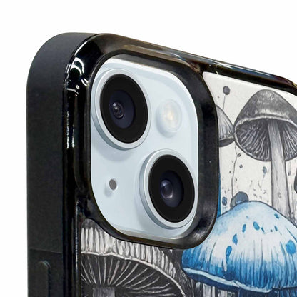 iPhone 15 Case — Mushrooms General Black Blue Ink Mushrooms, Custom Made Phone Cover