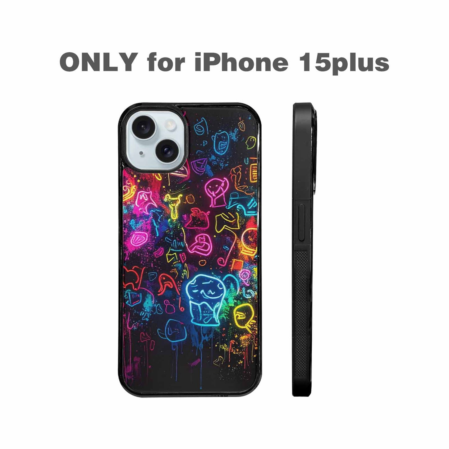 iPhone 15 Plus Case — Neon Glow Outline Icon Pattern Hundreds, Customized Protective Case
