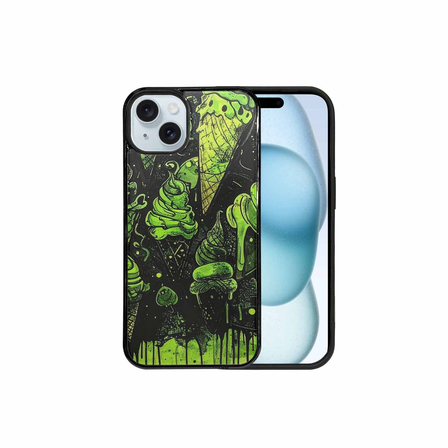 iPhone 15 Plus Case — Ice Cream Motif Black Green Ink, Original Design Phone Case